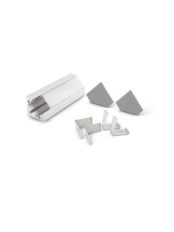 Profilo in alluminio anodizzato argento ad angolo con copertura in PC opaca piana - 2m - Accessori inclusi