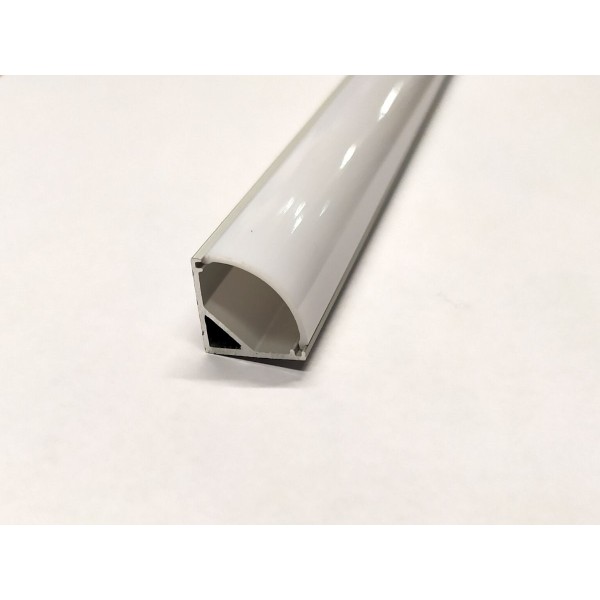 Profilo in alluminio anodizzato argento ad angolo con copertura in PC opaca tonda - 2m - Accessori inclusi