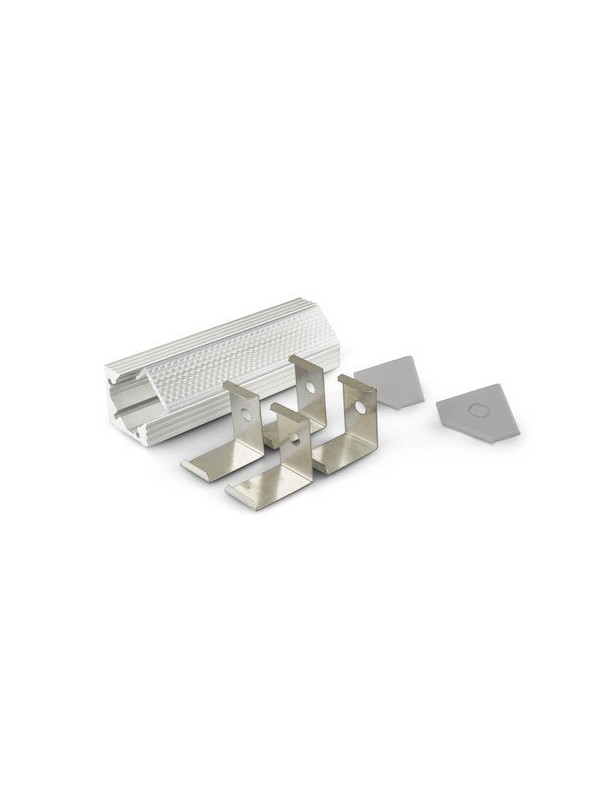 Profilo in alluminio anodizzato argento ad angolo con copertura prismata trasparente piana - 2m - Accessori inclusi