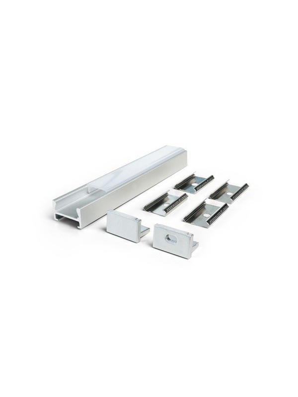 Profilo in alluminio anodizzato argento con copertura in PC opaca piana - 2m - Accessori inclusi