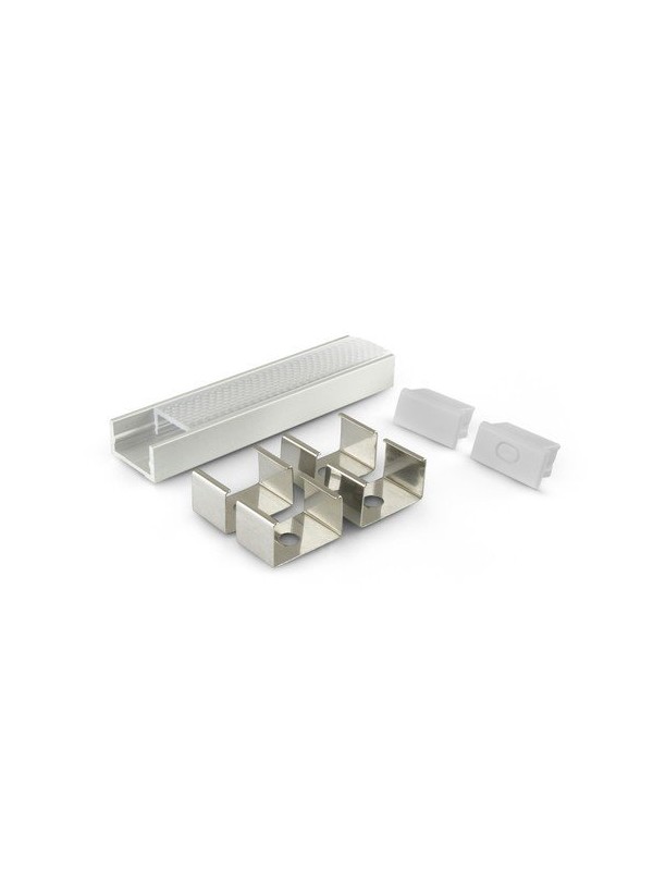 Profilo in alluminio anodizzato argento con copertura prismata trasparente piana - 2m - Accessori inclusi