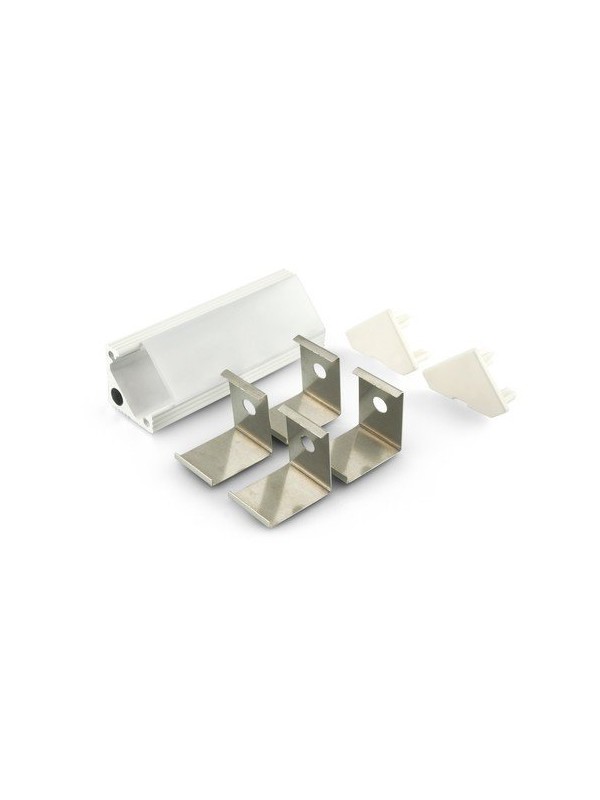 Profilo in alluminio verniciato bianco ad angolo con copertura in PC opaca piana - 2m - Accessori inclusi