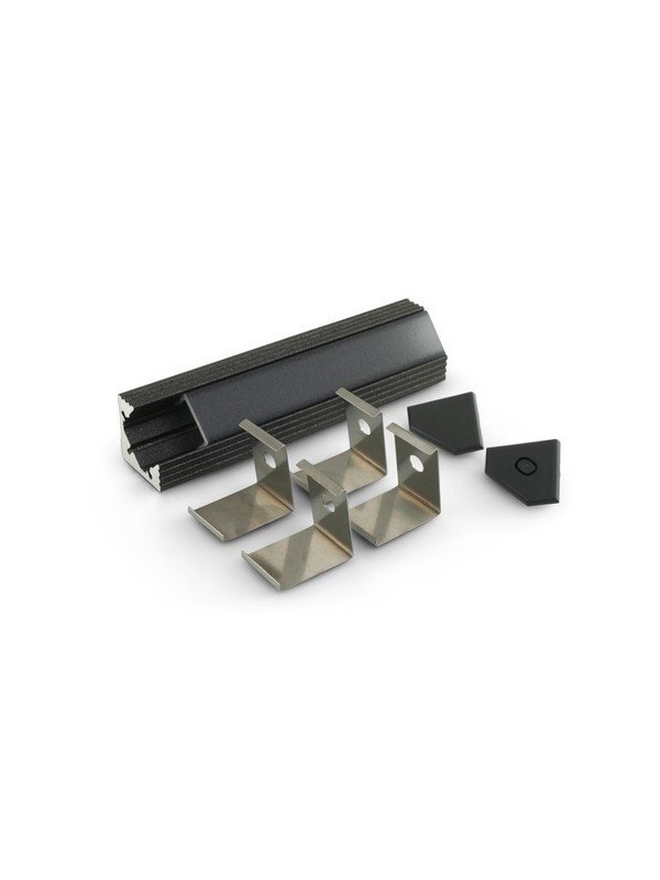 Profilo in alluminio verniciato nero ad angolo con copertura in PMMA nera piana - 2m - Accessori inclusi