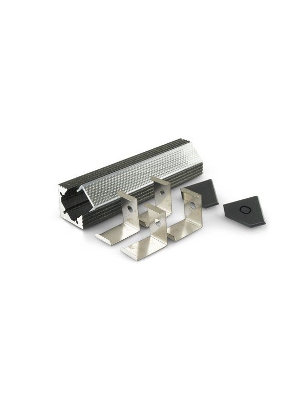 Profilo in alluminio verniciato nero ad angolo con copertura prismata trasparente piana - 2m - Accessori inclusi
