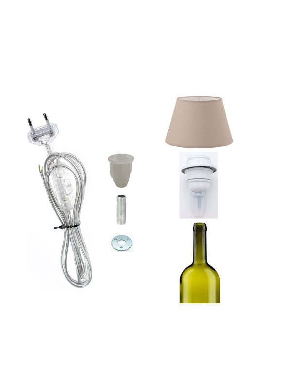 Kit illuminazione Bottiglia Cavo 1,5mt trasparente + Portalampade bianco per paralume completo di accessori di fissaggio 