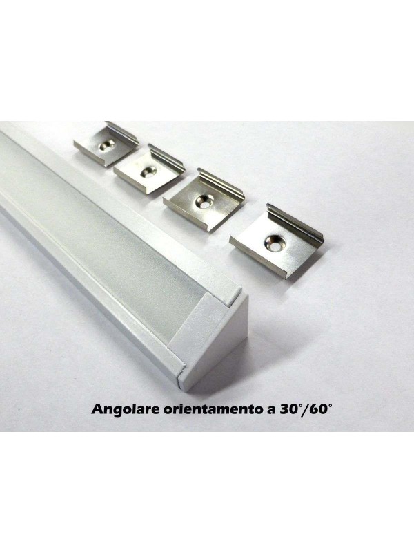 Profilo Alluminio 2mt Angolare Bianco 30°/60° X Strip Led + Cover Opaco + Staffe + Terminali